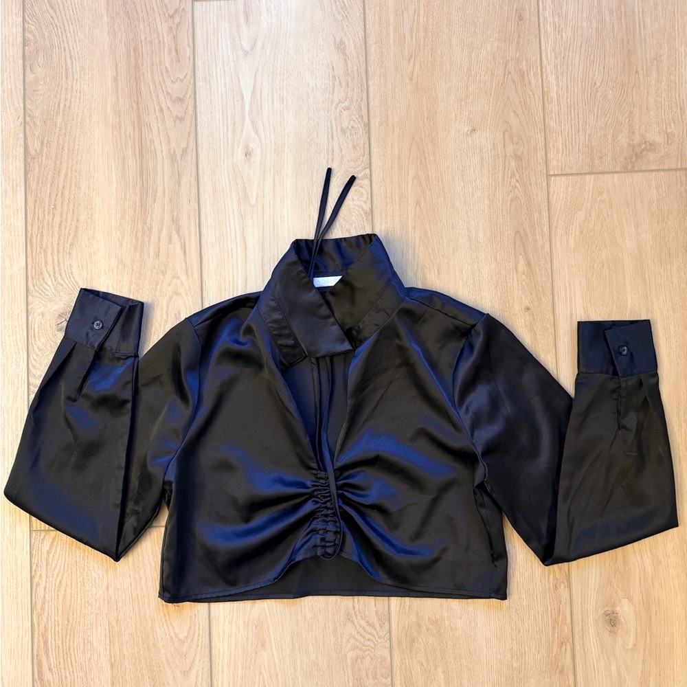 Anthropologie Black Satin Cropped Blouse